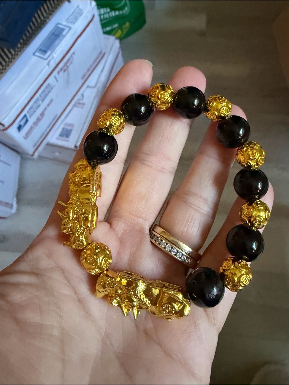 4/$50 Gold and Black Bead Stretch Bracelet - Women Jewelry